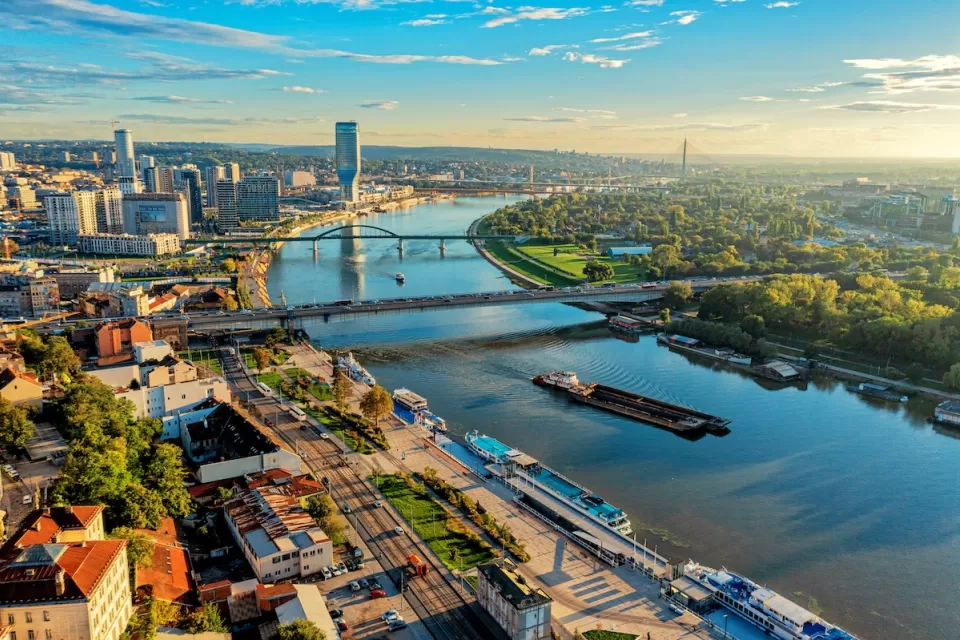 Aerial view of the Danube River in Belgrade, Serbia.